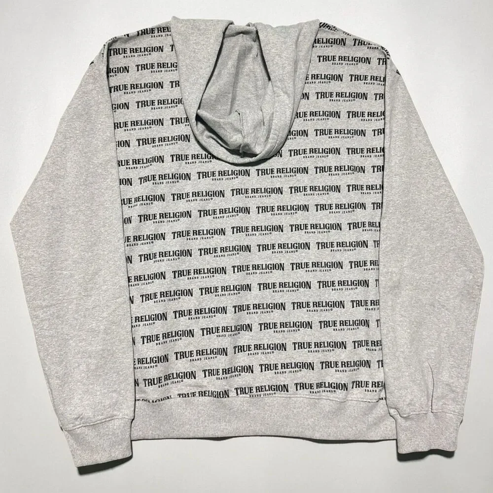 True Religion Mens XL Hoodie Gray Big Logo Spell Out Graphic Streetwear NEW